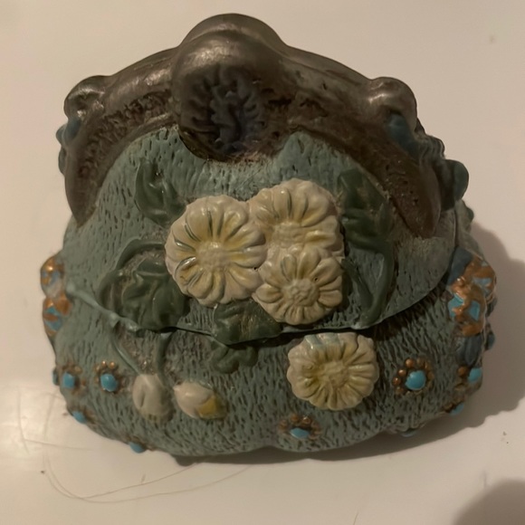 Vintage Other - Vintage 1970s trinket box lid purse floral ceramic case blue turquoise organizer